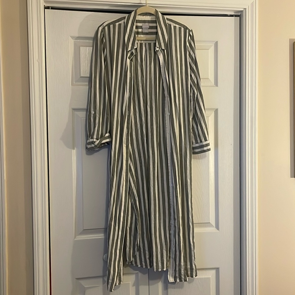 Chico’s Long DusterStriped Drab Olive and Ecru With Fabric Belt Size Large
